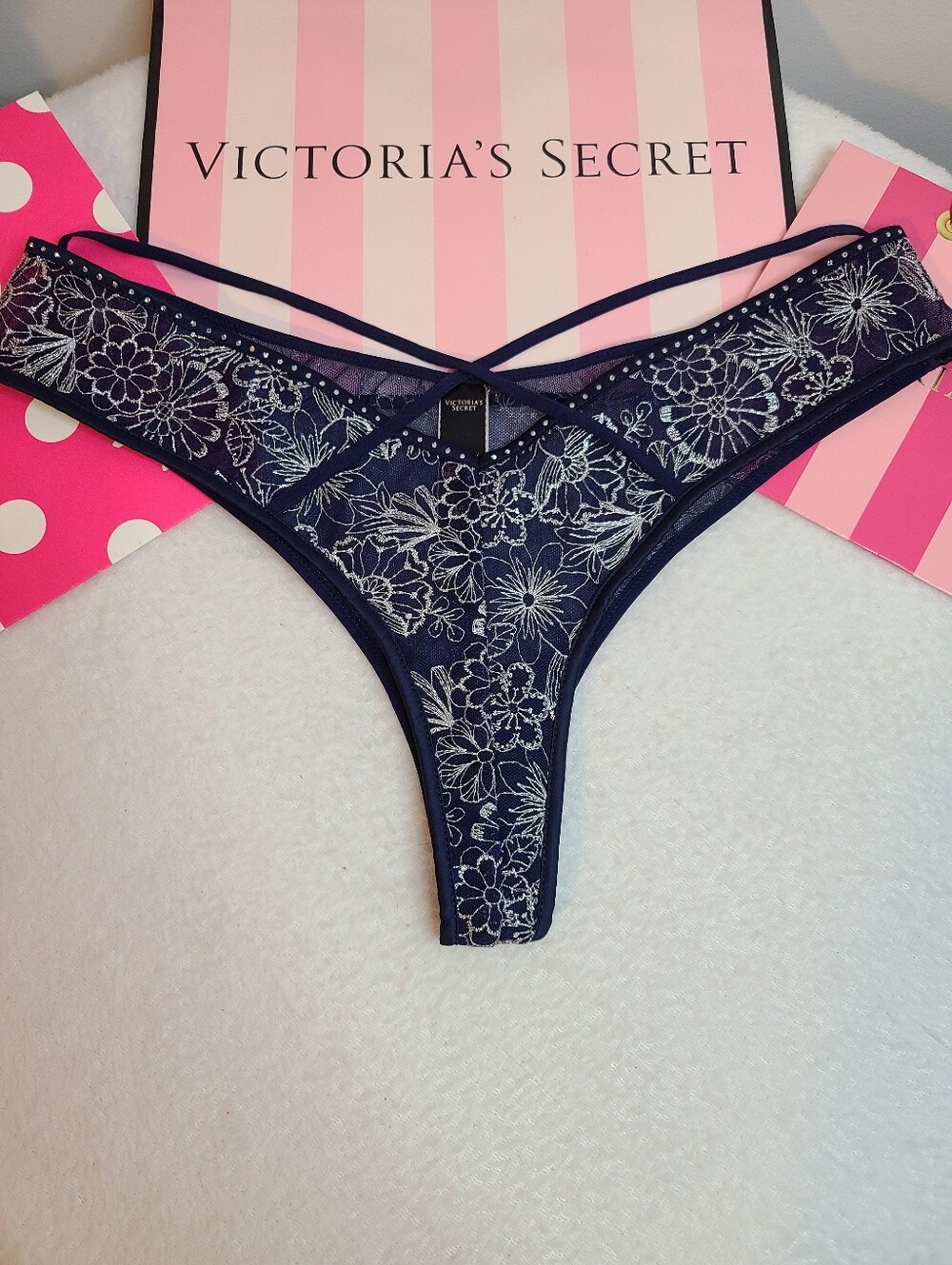 Victoria's Secret Shimmer Floral Lace Bling Strappy Front Thong Panty Size Lg